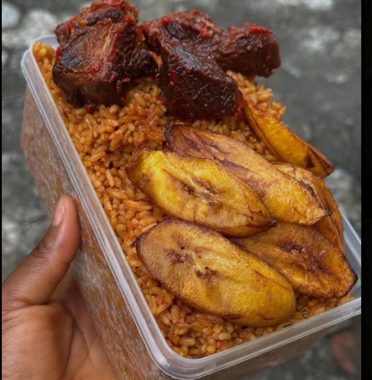 Jollof rice, plantain and beef